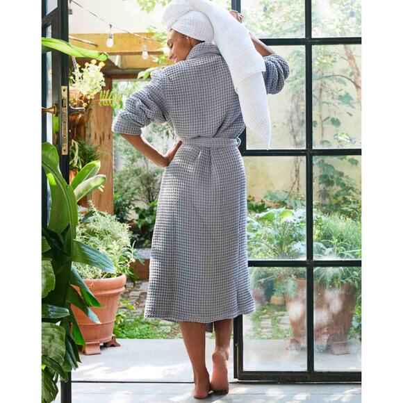 Brooklinen Dreamweave Waffle Robe Tie Waist Turkish Cotton  Gray S/M - Picture 1 of 8